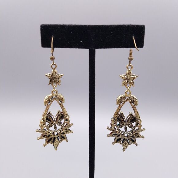 Chandelier Earrings Butterfly Brass Tone Multicolor Beads Rhinestones Pierced - Picture 4 of 6